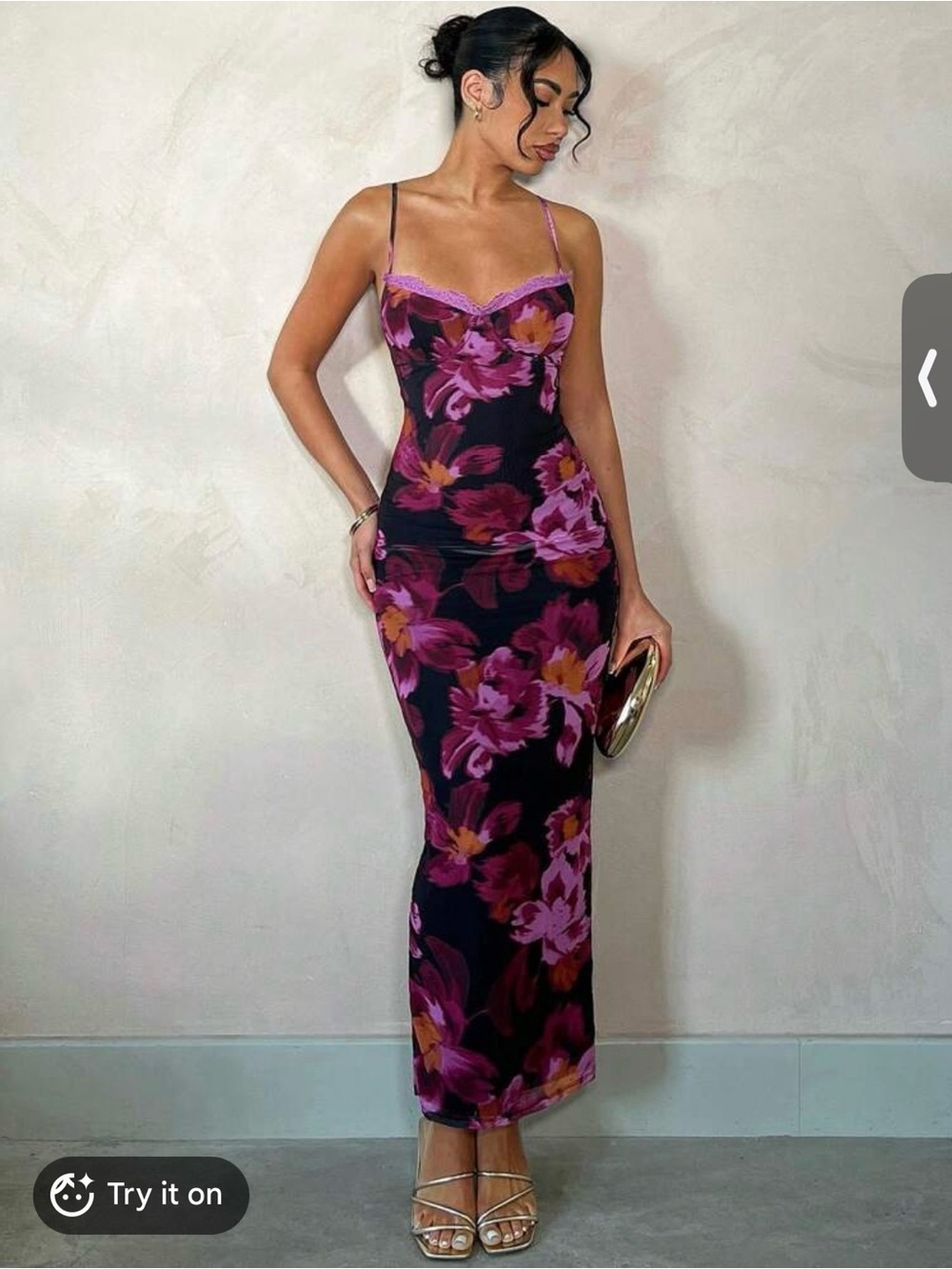 SHEIN Black Slip Maxi Dress with Pink and Purple Floral Print